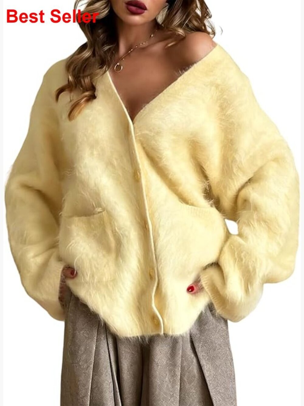Fuzzy Cardigan Sweater V Neck Long Sleeve Button Down Knit with Pockets